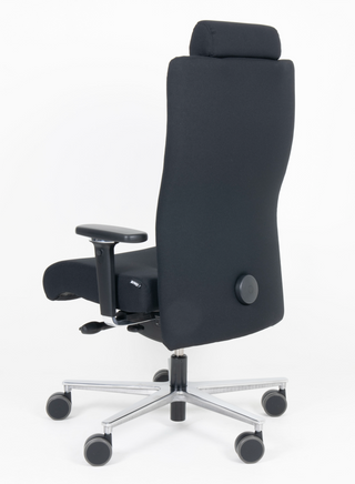 Rovo XP 4030 S1 bureaustoel in donkere stof met hoofdsteun, schuin achteraanzicht vanaf links