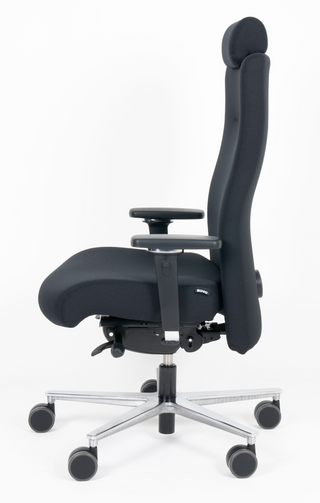 Rovo XP 4030 S1 bureaustoel in donkere stof met hoofdsteun en aluminium voetkruis, zijaanzicht