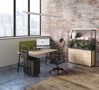 Photo d'ambiance de bibliothèques Buronomic Alto en Timber avec plantes près d'un bureau à écran vert
