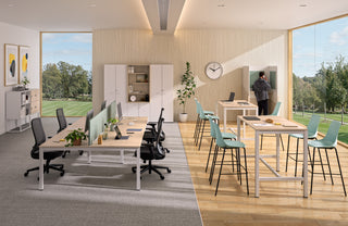 Buronomic Calme workstation pod for one person in wire oak, white and sea green