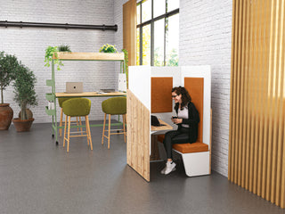 Buronomic Calme workstation pod with bench in Timber, white and orange