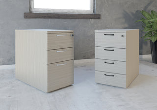 Caissons hauteur bureau Buronomic Comfort à trois et quatre tiroirs en wire oak et blanc