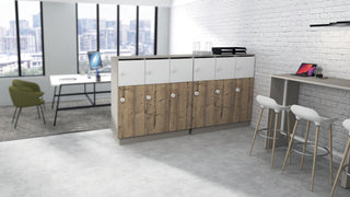 Lifestyle image of Buronomic Locker Eko mail and cloakroom lockers in Argile, white and Timber