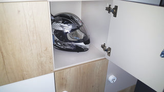 Buronomic Locker Eko compartment opened with a helmet, detail of the door and hinges