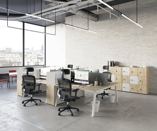 Photo d'ambiance de caissons tower Buronomic Optimax EVO blanc et Nebraska dans un bureau industriel