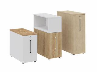 Caissons tower Buronomic Optimax EVO en trois hauteurs, blanc et bois, avec et sans top box