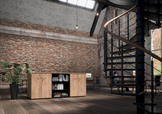 Sfeerbeeld van lage Buronomic Quietude kasten met centrale kolom in Nebraska en zwart in een loft