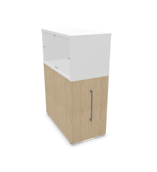 Caisson tower Buronomic Optimax EVO en bois clair avec top box blanc, vue de trois quarts